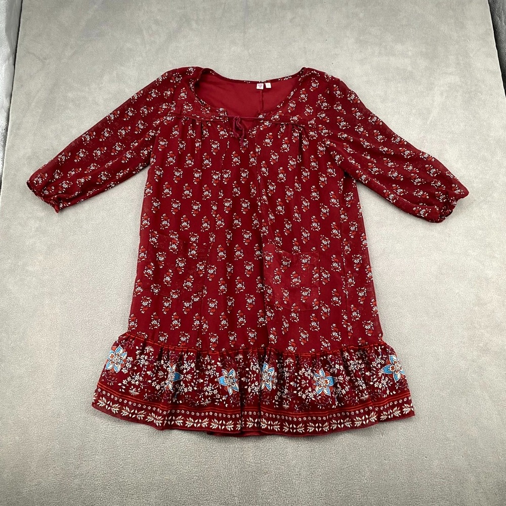 Aqua Tunic Mini Dress Women Large Burgundy Floral Tiered Puff Sleeve Round Neck